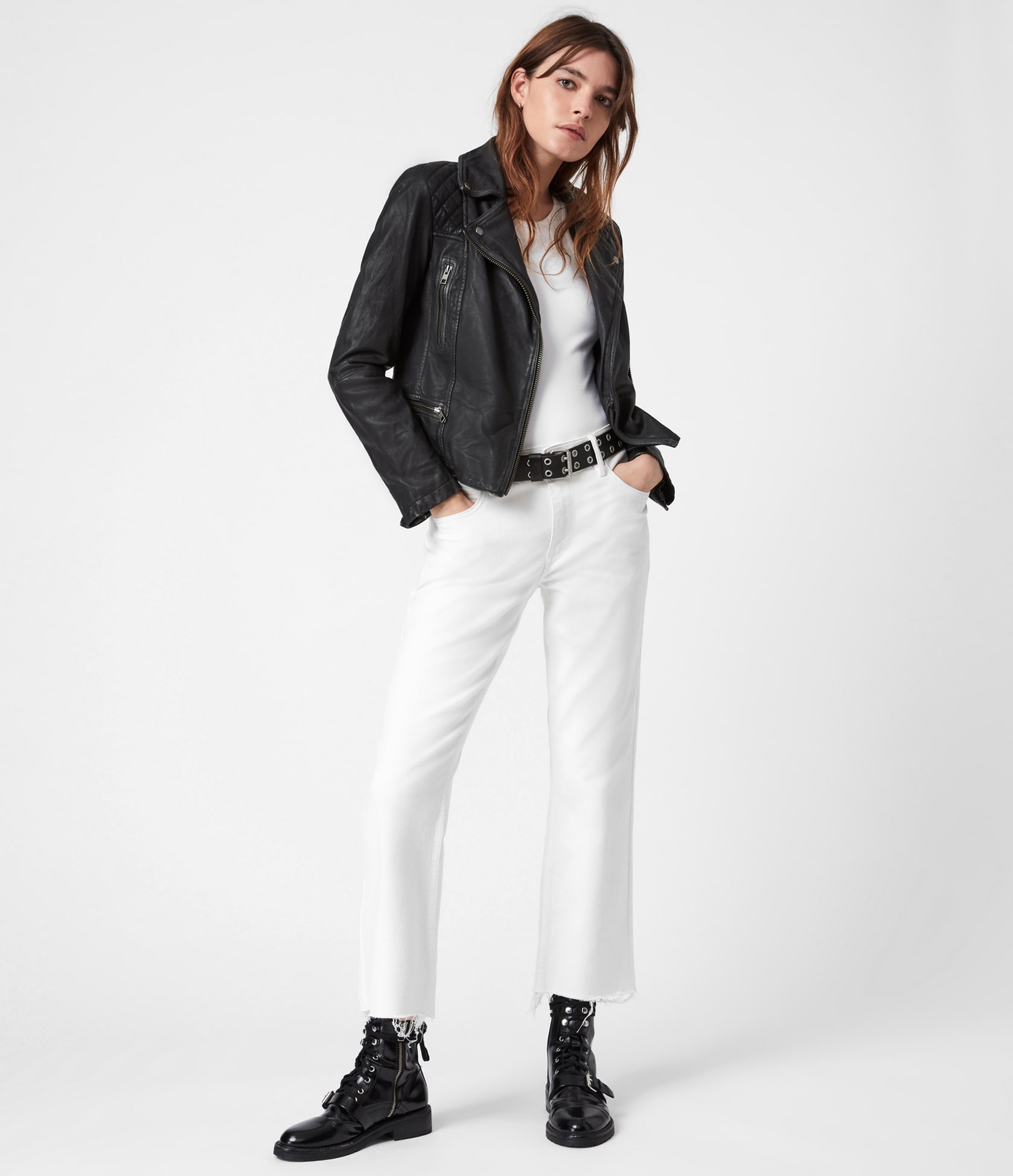 Women's Cargo Leather Jacket - Outfit Front View