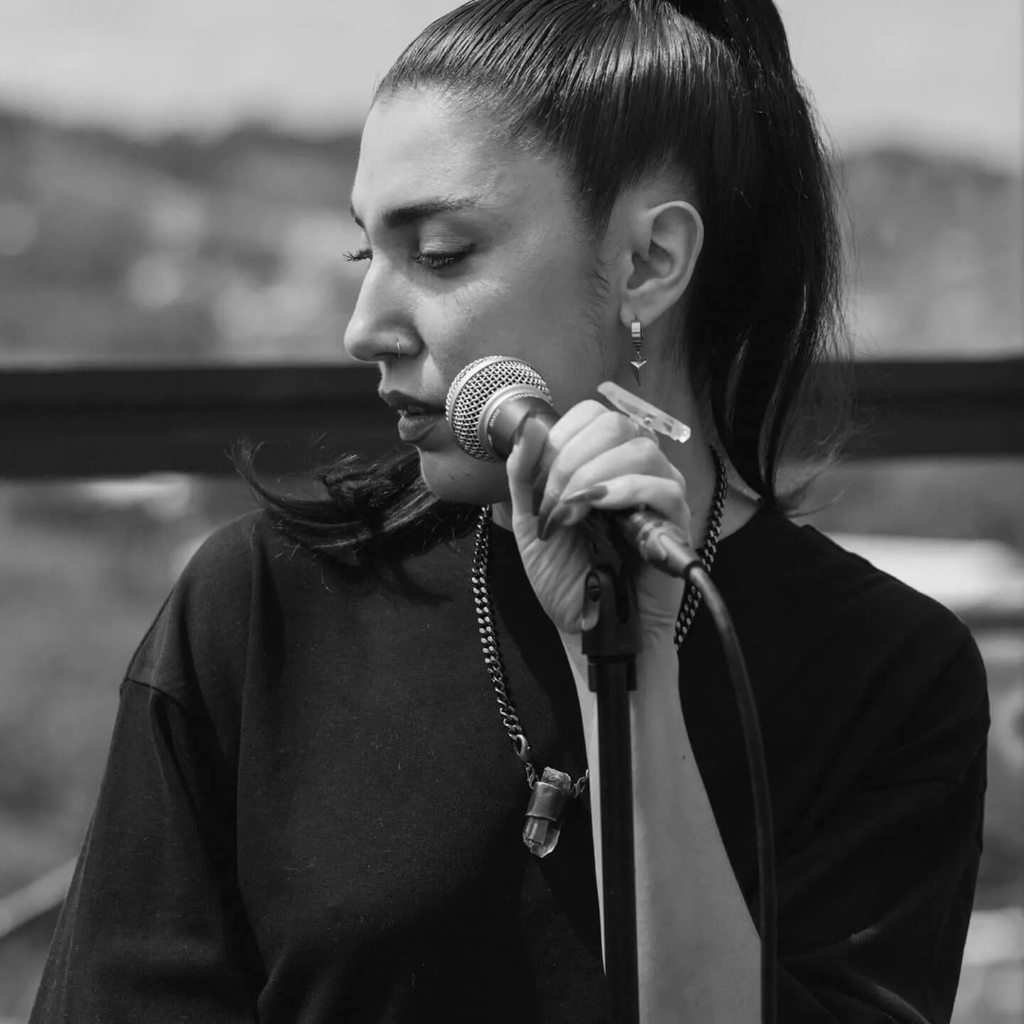 A profile shot of the frontsinger on stage.