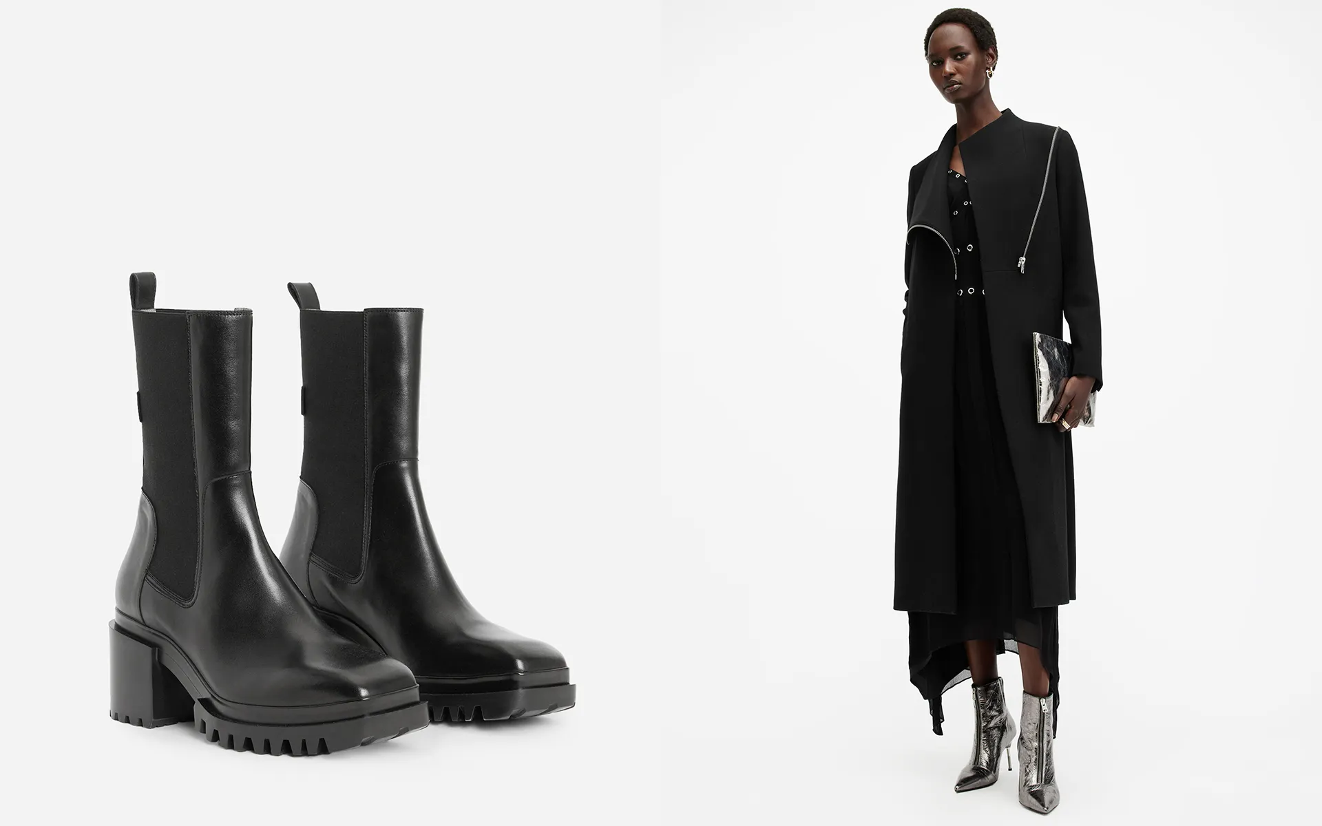 Collage showing a model wearing black mini dress with above the knee pointed black leather boots on the left, and a grey coat on the right side.