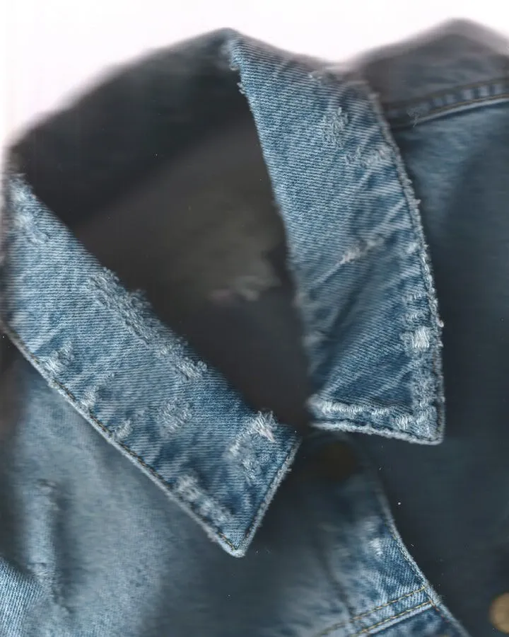 Closeup of a denim jacket.