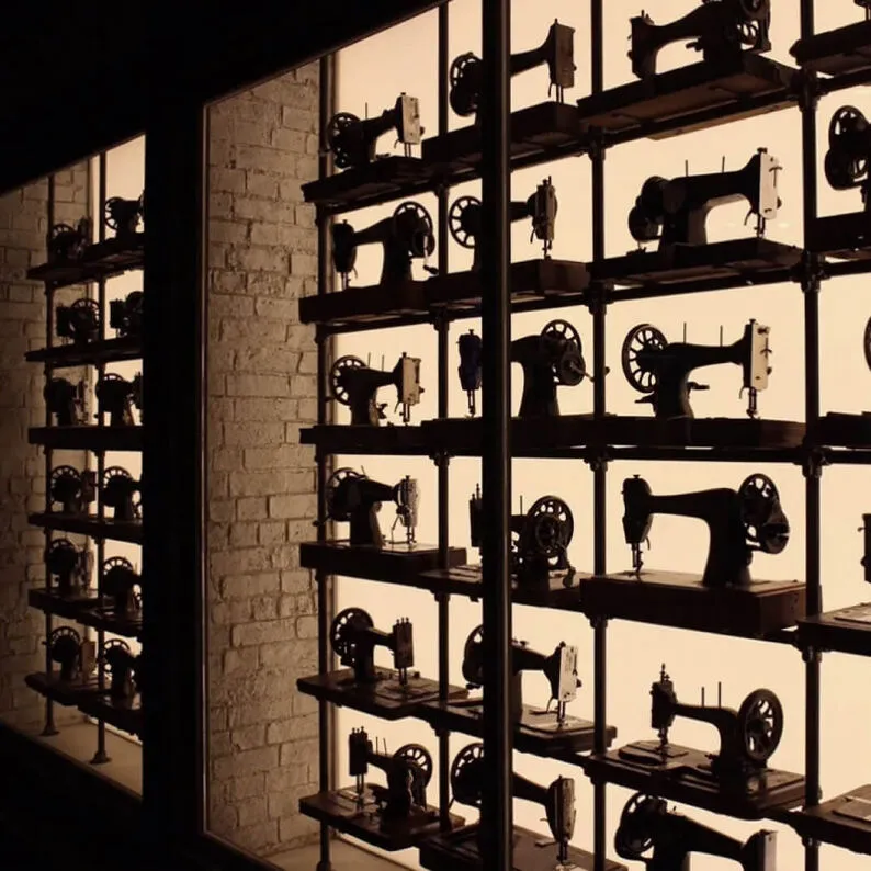 Wall of old Singer sewing machines in a store