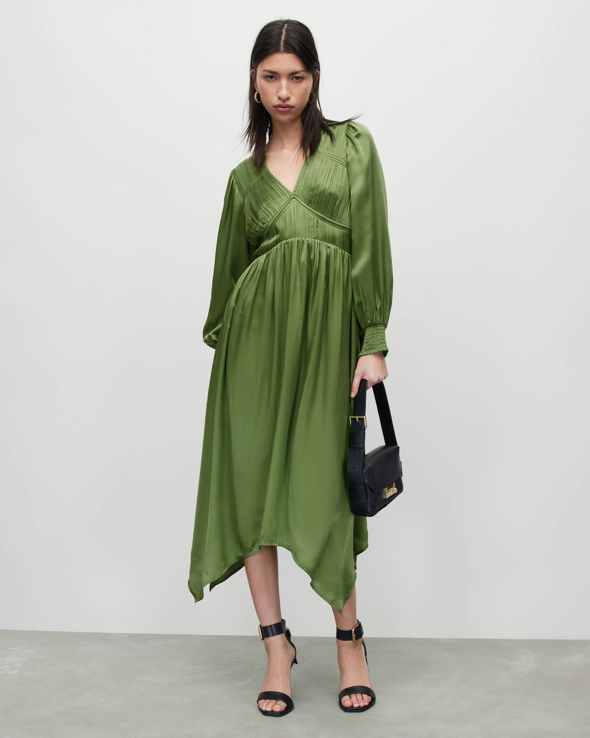 ESTELLE SILK BLEND ASYMMETRIC MIDI DRESS