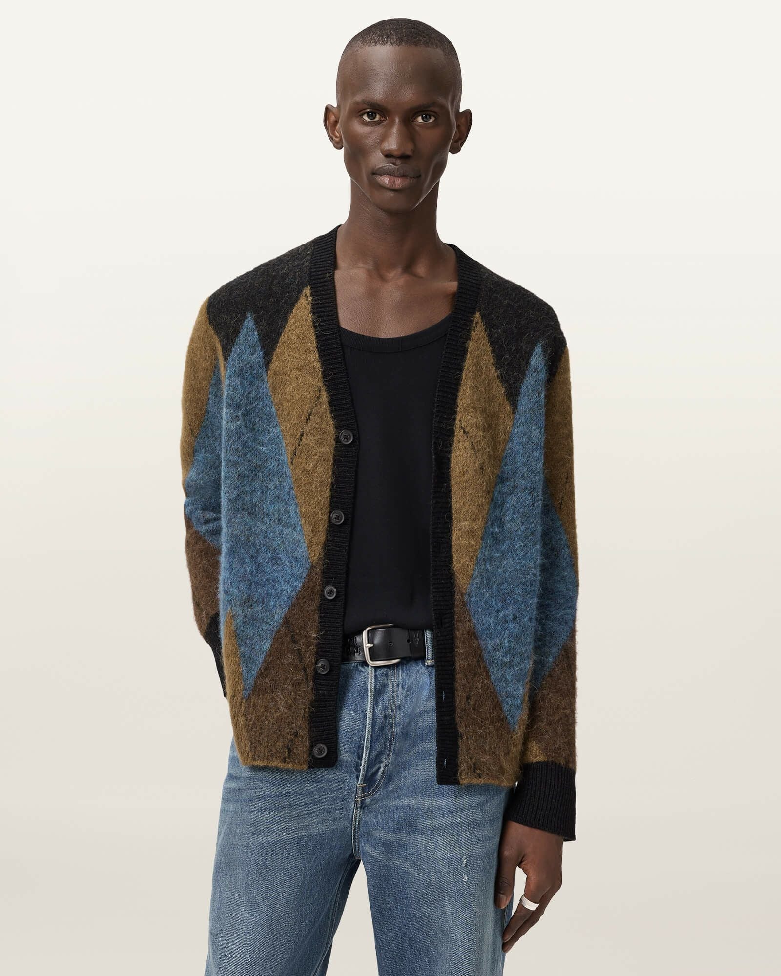 オールセインツ カーディガン ニット ウール S 黒 マルチカラー 豹柄 オールセインツ ALLSAINTS カーディガン ニット ウール S 黒 マルチ